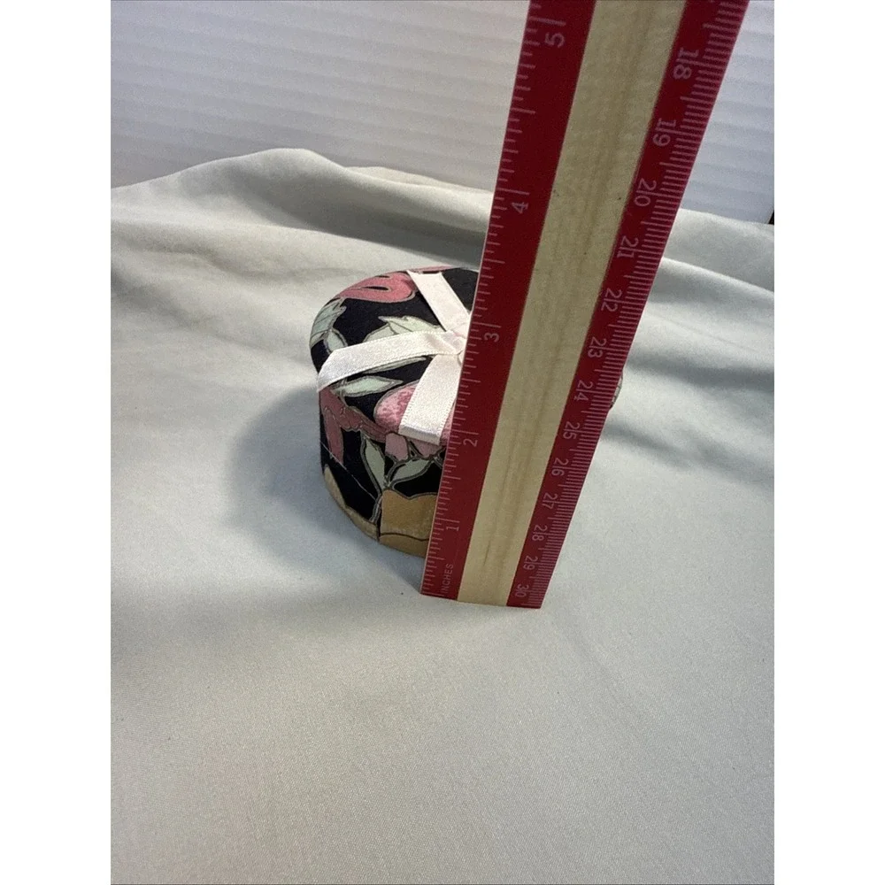 Vintage Round Floral Fabric Covered Trinket Box Made in Taiwan Padded Lid Bow